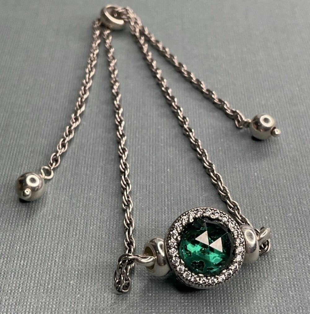 PANDORA ALE Sterling Silver Green Crystal Halo Slider Bracelet 6g